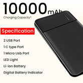 10,000 mAh Ultra Slim Power Bank with Type C Dual Ports | 12W Fast Charging | Free Type C Cable