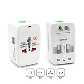 International Travel Adapter with Build in Dual USB Charger Ports with 125V 6A, 250V Protected (White)