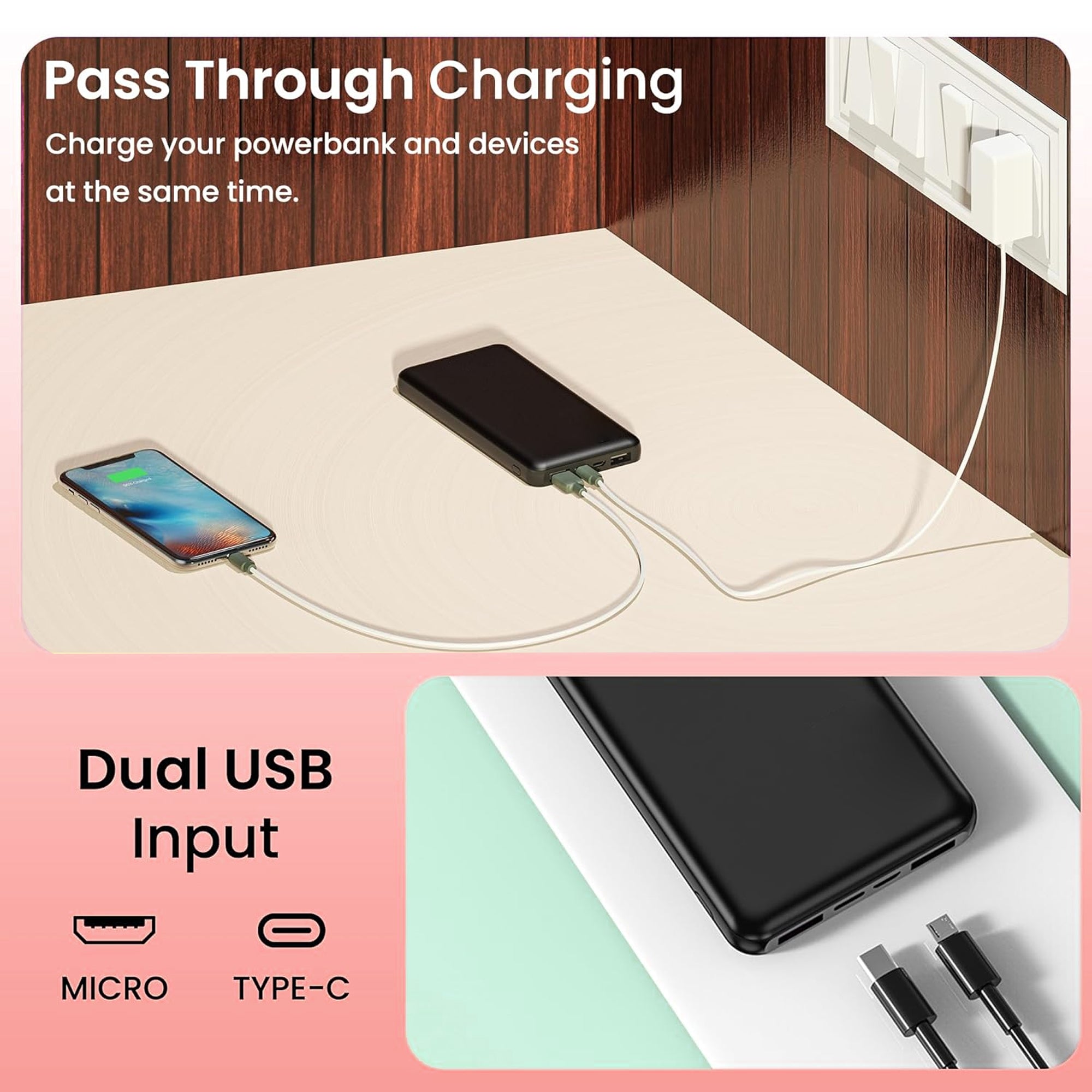 10000mAh Lithium Ion, Lithium Polymer Power Bank Pocket Pro with 22.5 Watt Fast Charging, Dual Input Ports(Micro-USB and Type C), Triple Output Ports, (Black)