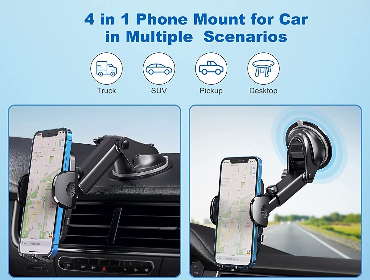 Adjustable Car Mobile Phone Holder Stand, 360° Rotational, Strong Suction Cup, Compatible with 4 to 6 inch Devices (Black)