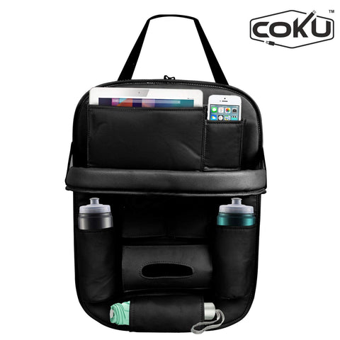 Car Backseat Organizer with Tablet Holder Storage Pockets PU Leather Car Storage Organizer with Foldable Table Tray (Black)