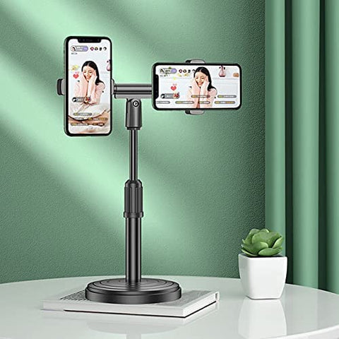 Dual Mobile Phone Holder with 360 Degree Rotation Adjustable Desk Mount Holder Compatible with All Smartphone