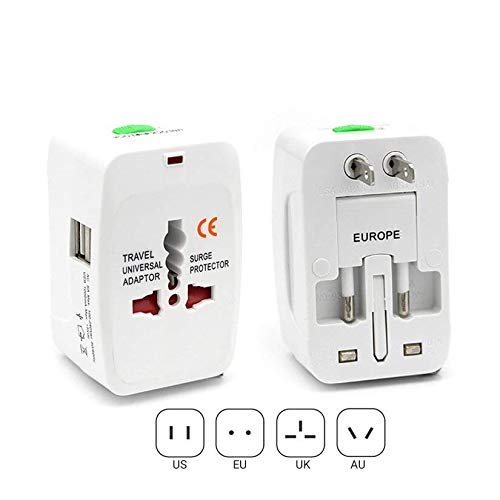 International Travel Adapter with Build in Dual USB Charger Ports with 125V 6A, 250V Protected (White)