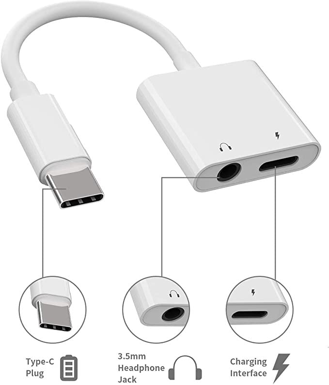 2 in 1 Dual Port Earphone Cable Adapter 3.5mm AUX Calling Features & Music Type-C for Smartphones Headphones (White)