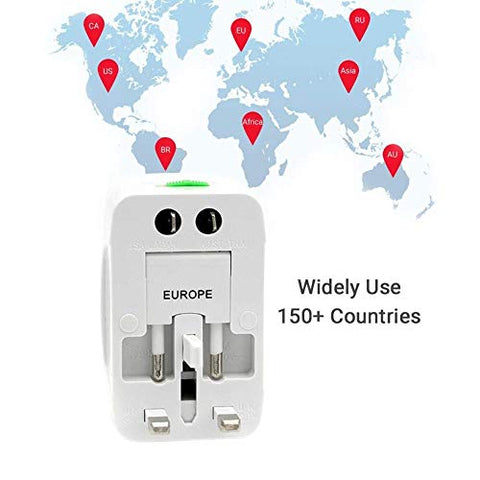 International Travel Adapter with Build in Dual USB Charger Ports with 125V 6A, 250V Protected (White)