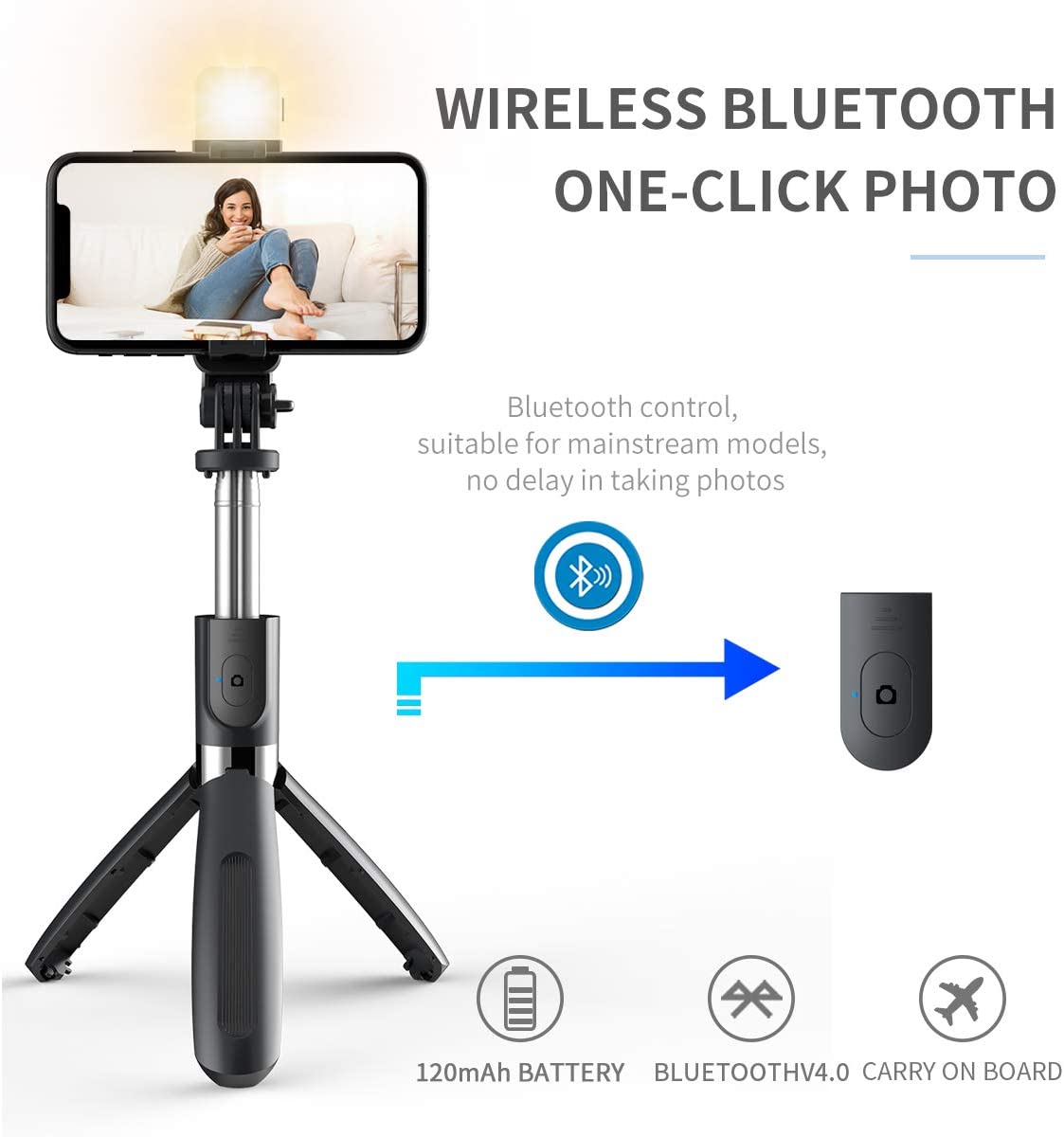 4-IN-1 Multifunctional Selfie Stick With Tripod Stand & LED Fill Light With Wireless Bluetooth Remote (Black)