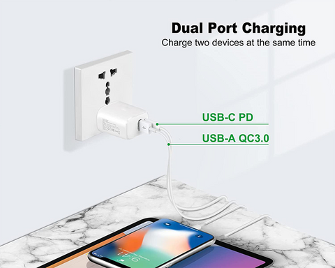 20 Watt Dual Port Fast Charger Adapter with Lightning Cable 1 Meter (White)