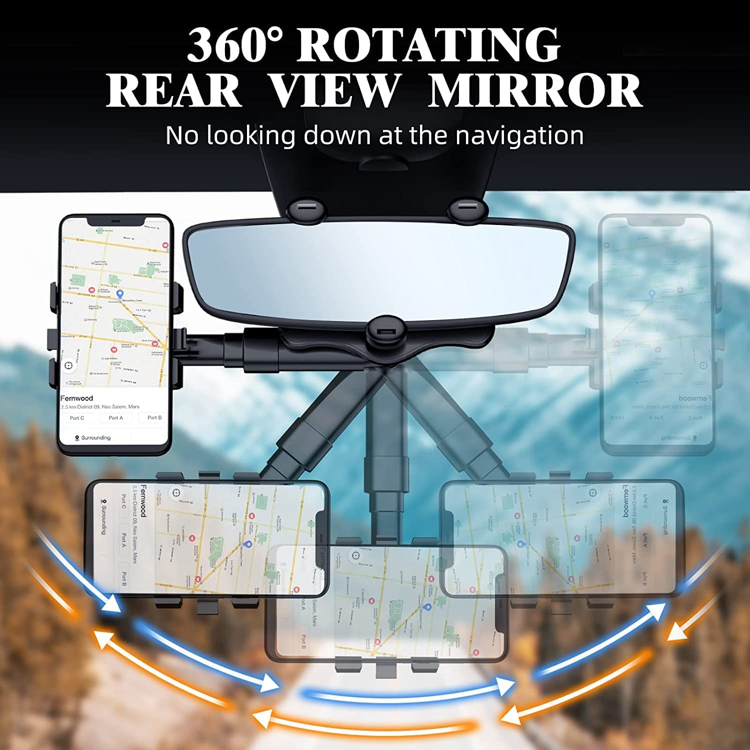 Car Rearview Phone Holder 360° Rotatable and Retractable Adjustable Phone Stand for Car Compatible with All Mobile Phones