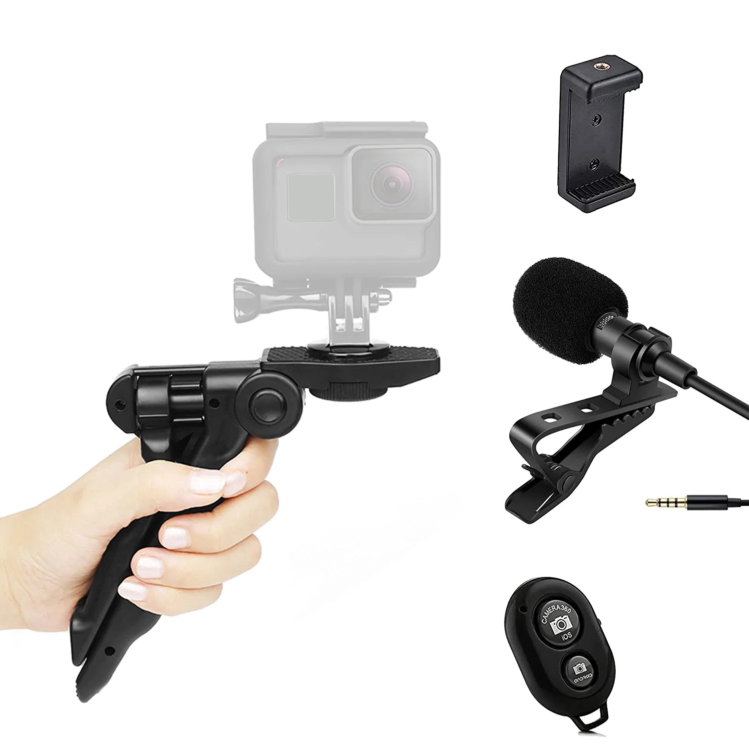 Camera Tripod with Bluetooth Remote & Collar Mic, Mobile Holder Clip vlogging kit Compatible with All Smartphones