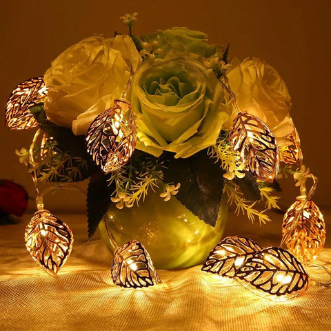 Golden Metal Leaf Shape String Lights with 16 Led Warm White for Home Decoration (5-Meters, Plug in)