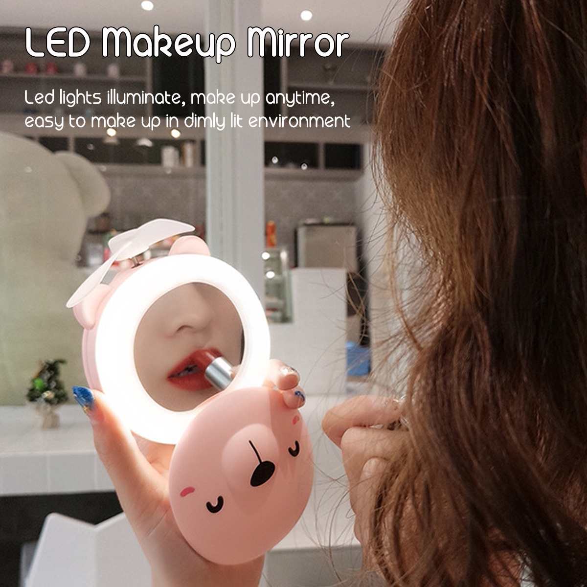 Portable 3 in 1 Cartoon LED Makeup Mirror Light with USB Mini Fan
