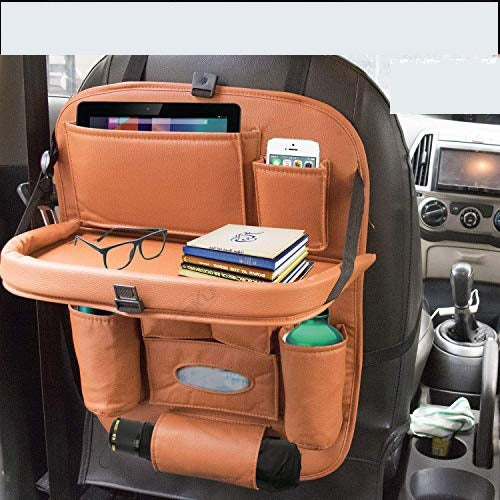 Car Backseat Organizer with Tablet Holder Storage Pockets PU Leather Car Storage Organizer with Foldable Table Tray (Brown)