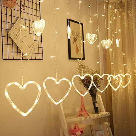 Heart Shape Curtain String Light with 8 Flashing Modes Decoration (12 Hearts, Warm White)