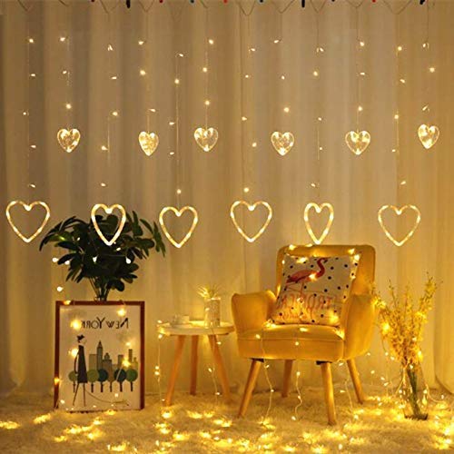 Heart Shape Curtain String Light with 8 Flashing Modes Decoration (12 Hearts, Warm White)