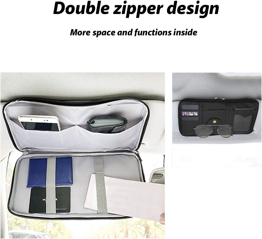 Car Sun Visor Organizer, Auto Accessories Document Holder with Multi-Pocket Net Double Zipper (Black)