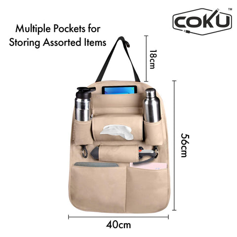 PU Leather Car Seat Back Organizer with Tablet, Water Bottle, Umbrella, Tissue Box, Document & Key Holder SUV Universal Storage Bag (Beige)