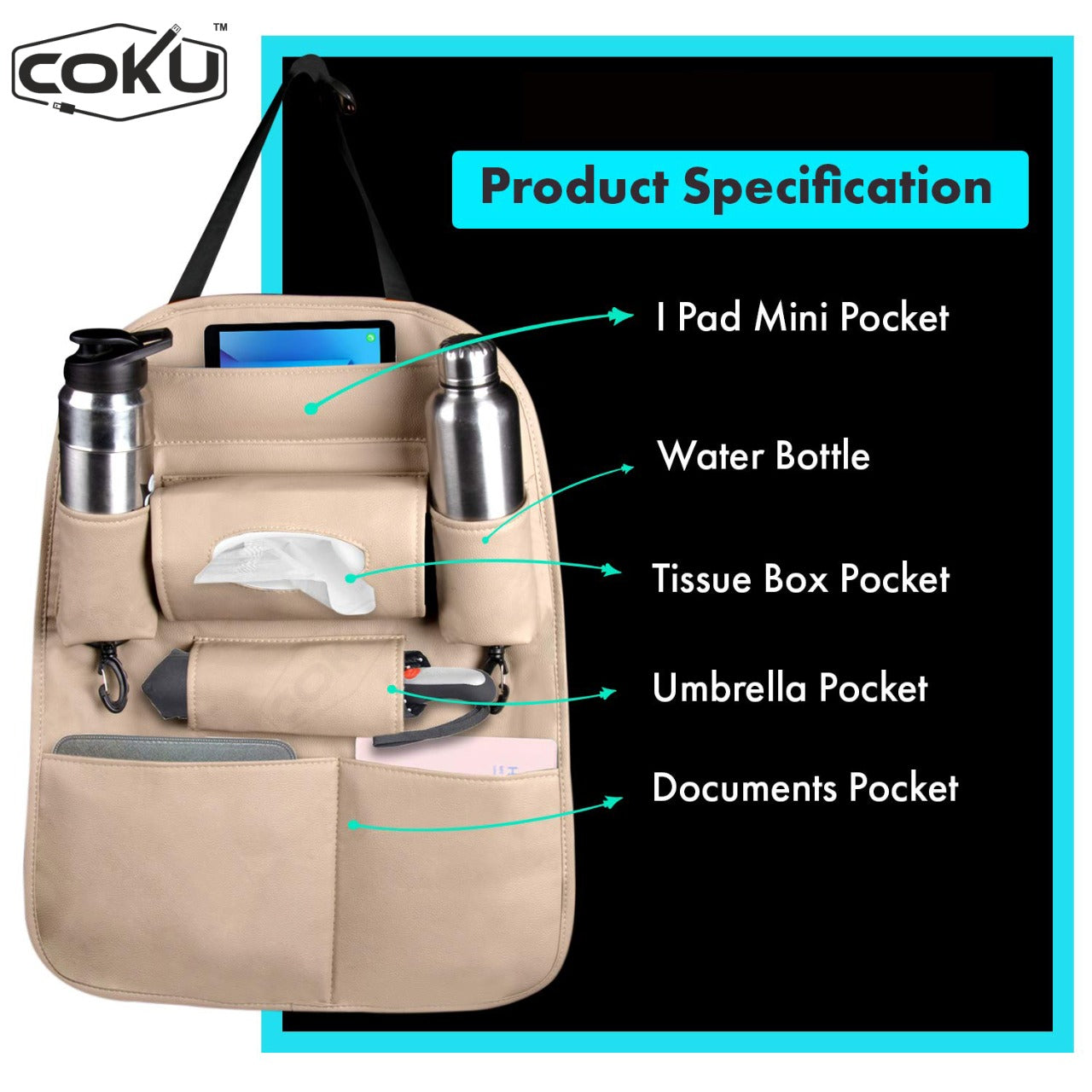 PU Leather Car Seat Back Organizer with Tablet, Water Bottle