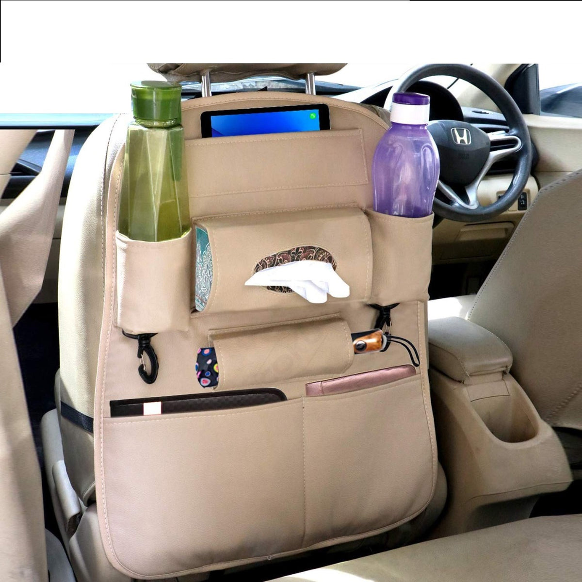 PU Leather Car Seat Back Organizer with Tablet, Water Bottle, Umbrella, Tissue Box, Document & Key Holder SUV Universal Storage Bag (Beige)
