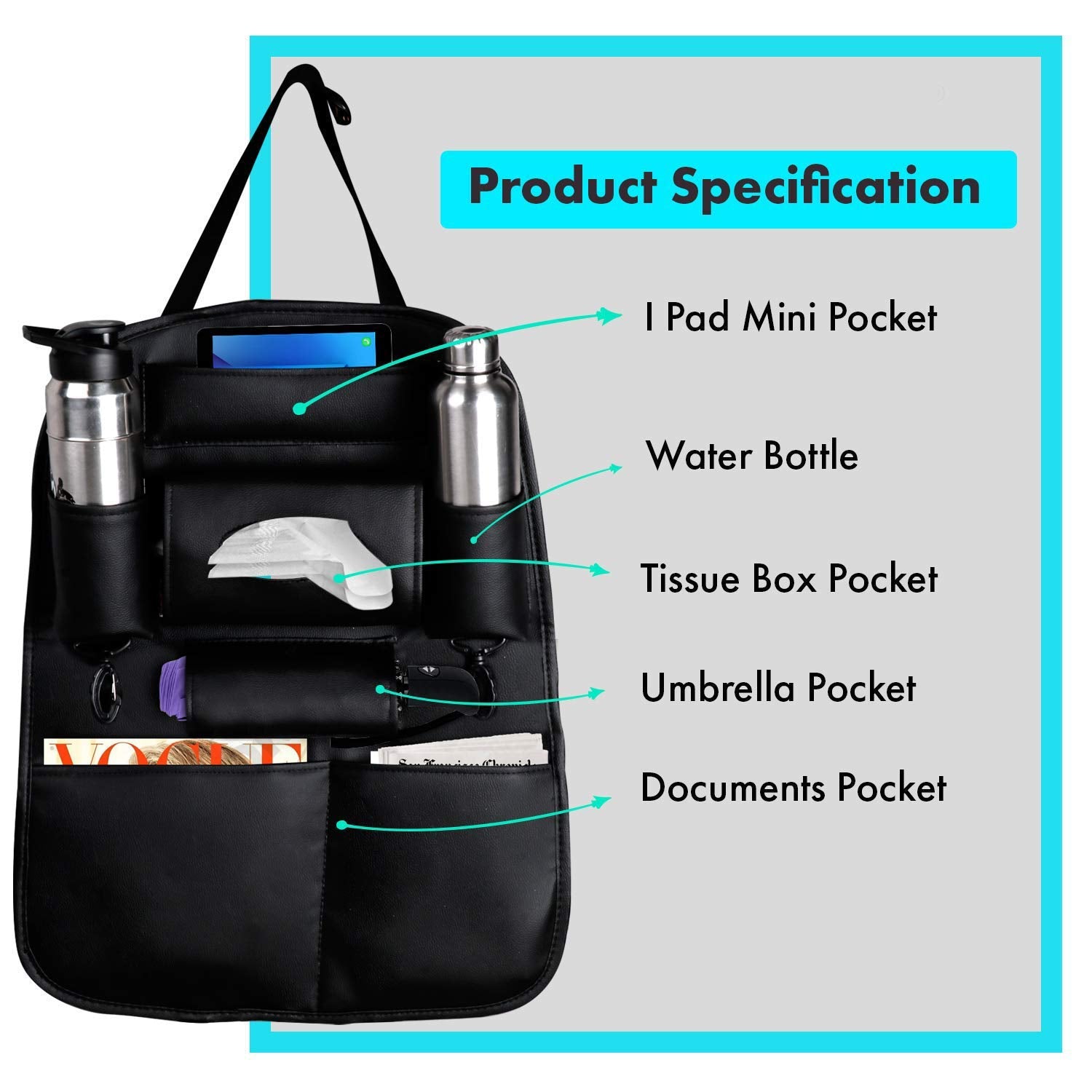 PU Leather Car Seat Back Organizer with Tablet, Water Bottle, Umbrella, Tissue Box, Document & Key Holder SUV Universal Storage Bag (Black)