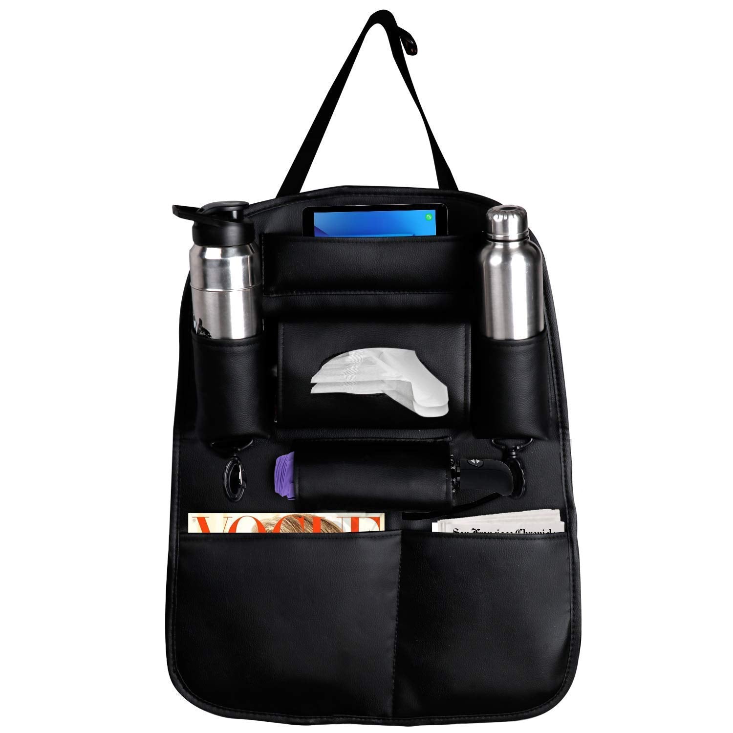 PU Leather Car Seat Back Organizer with Tablet, Water Bottle, Umbrella, Tissue Box, Document & Key Holder SUV Universal Storage Bag (Black)