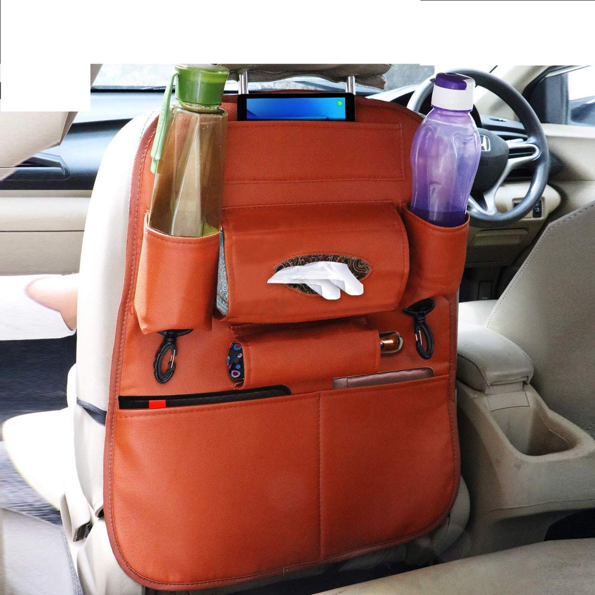 PU Leather Car Seat Back Organizer with Tablet, Water Bottle, Umbrella, Tissue Box, Document & Key Holder SUV Universal Storage Bag (Brown)
