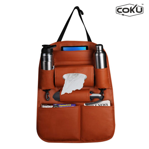 PU Leather Car Seat Back Organizer with Tablet, Water Bottle, Umbrella, Tissue Box, Document & Key Holder SUV Universal Storage Bag (Brown)